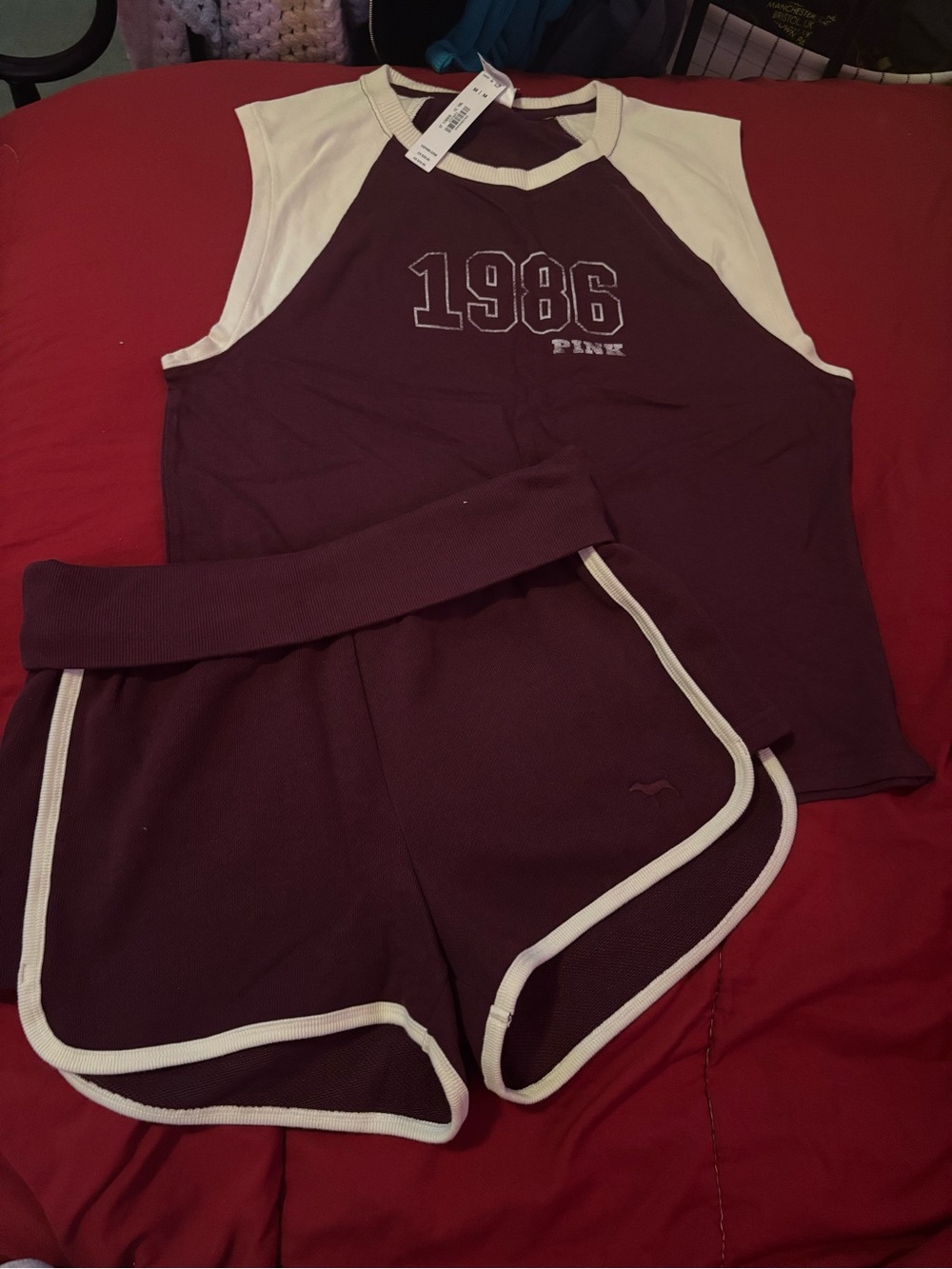 PINK Victoria's Secret Burgundy & Cream Muscle Tank Top and Shorts Set